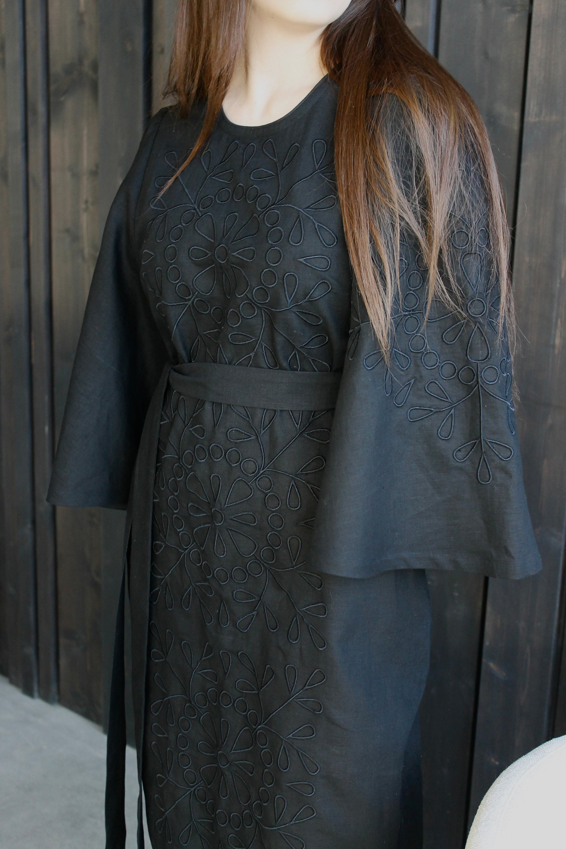 Elegant Black Linen Maxi Dress With "Tsvit" Embroidery