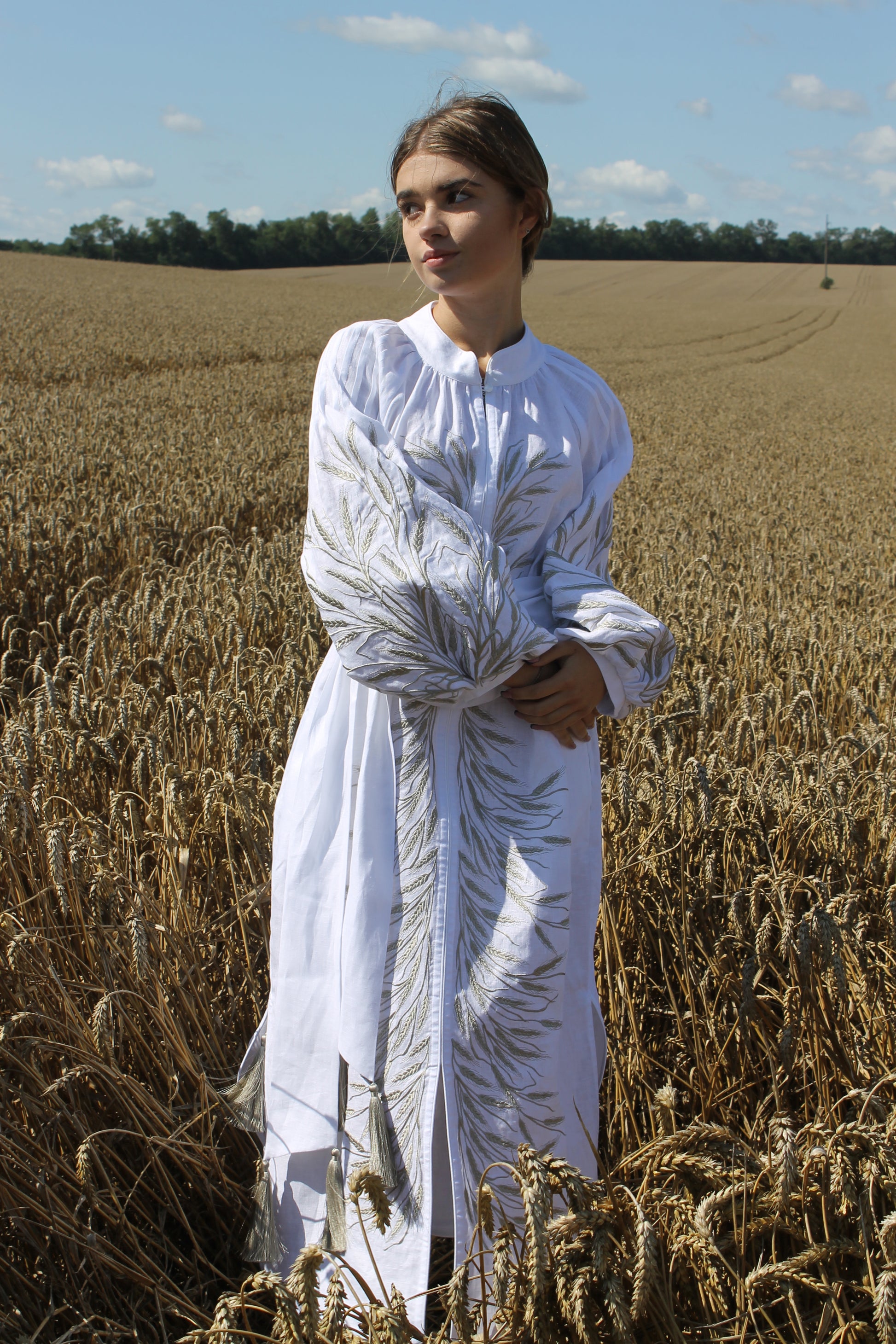 Linen Dress With Embroidered Wheat Of Olive Colour
