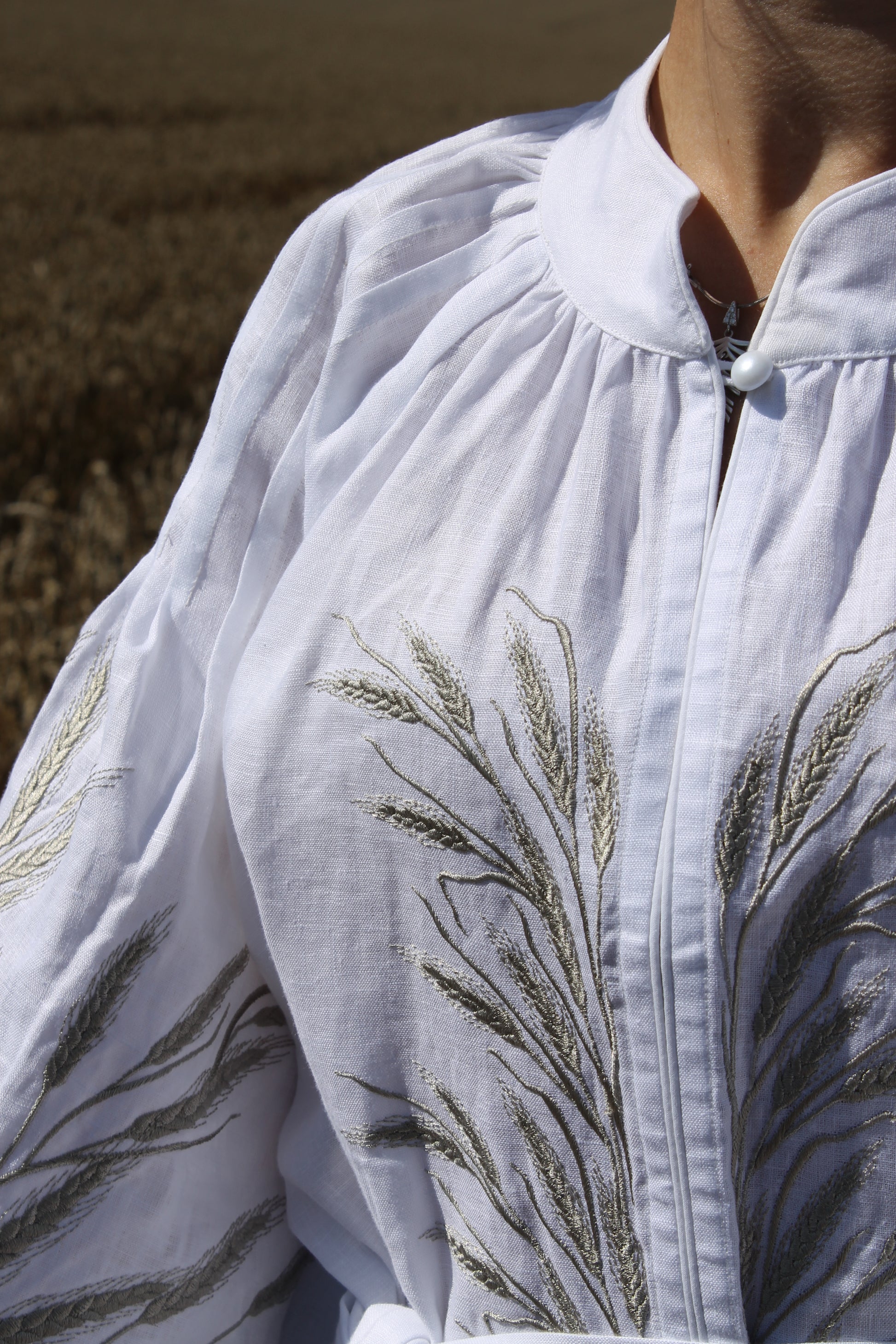 Linen Dress With Embroidered Wheat Of Olive Colour