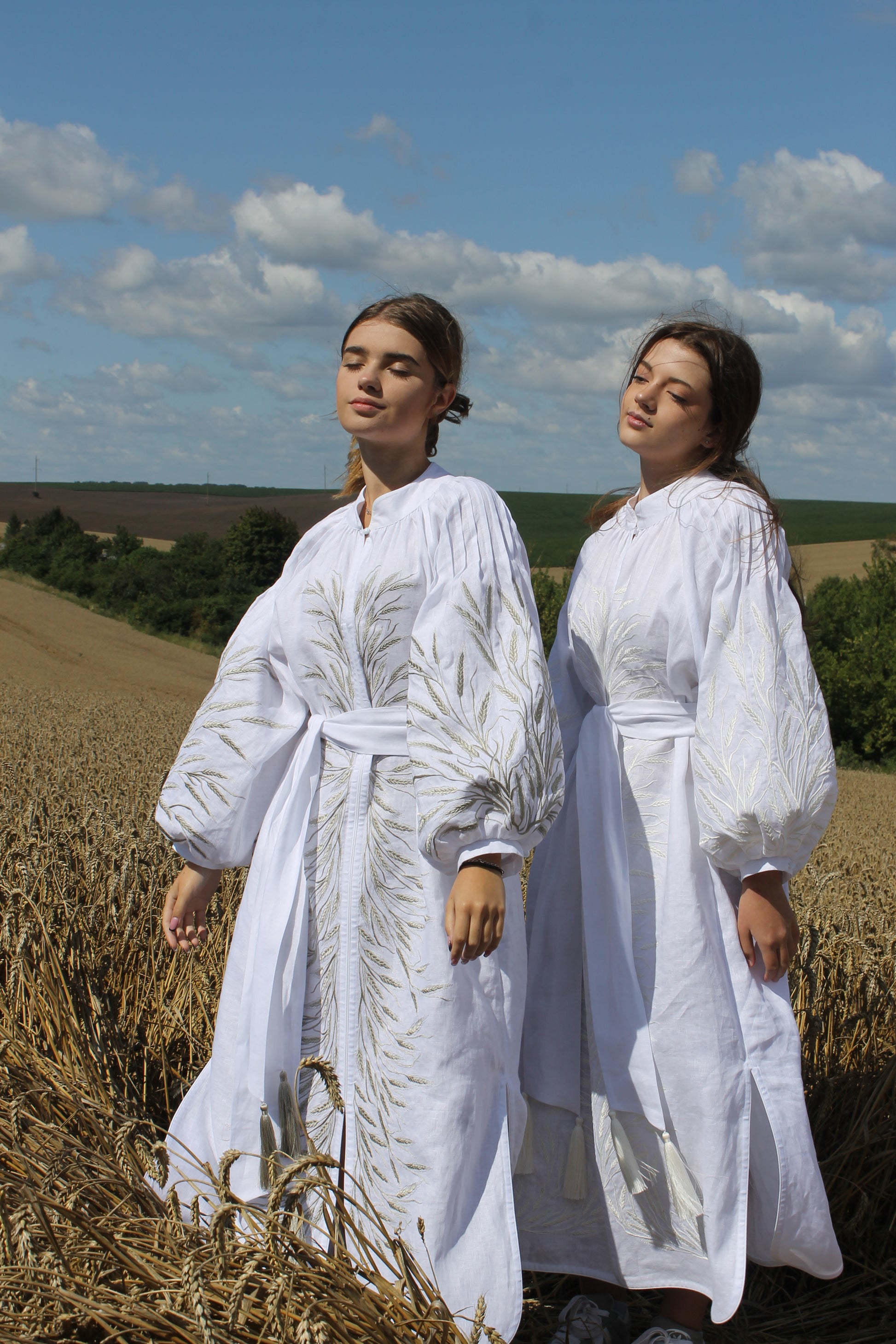 Linen Dress With Embroidered Wheat Of Olive Colour
