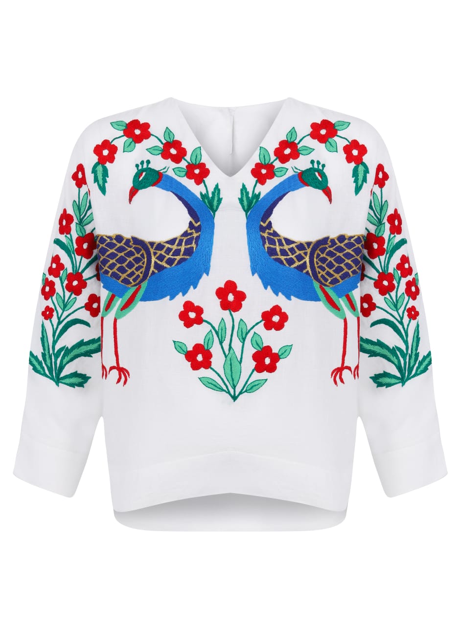 Linen blouse with hand embroidery Two peacocks top