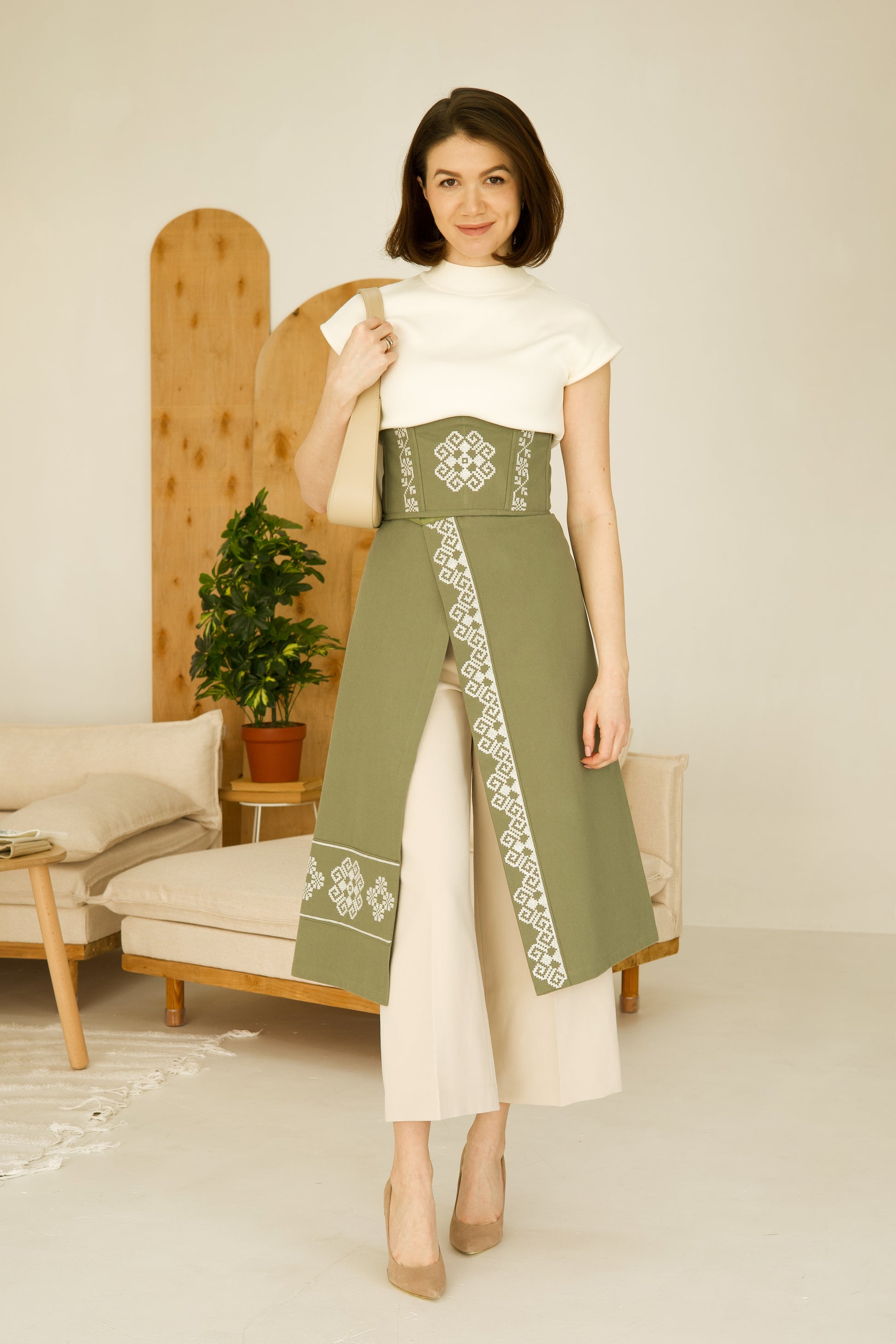 Traditional Ukrainian Two-Piece Plakhta "Serpanok" – Olive Wrap Skirt Set