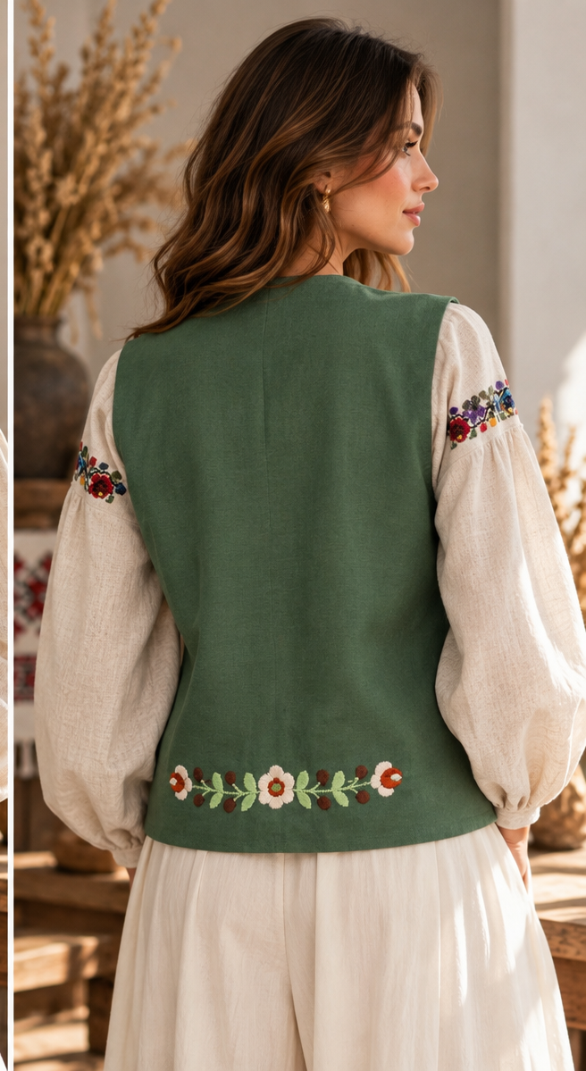Women’s Green Linen-Viscose Vest with Floral Embroidery