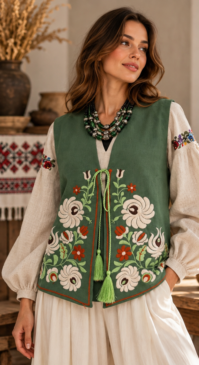 Women’s Green Linen-Viscose Vest with Floral Embroidery