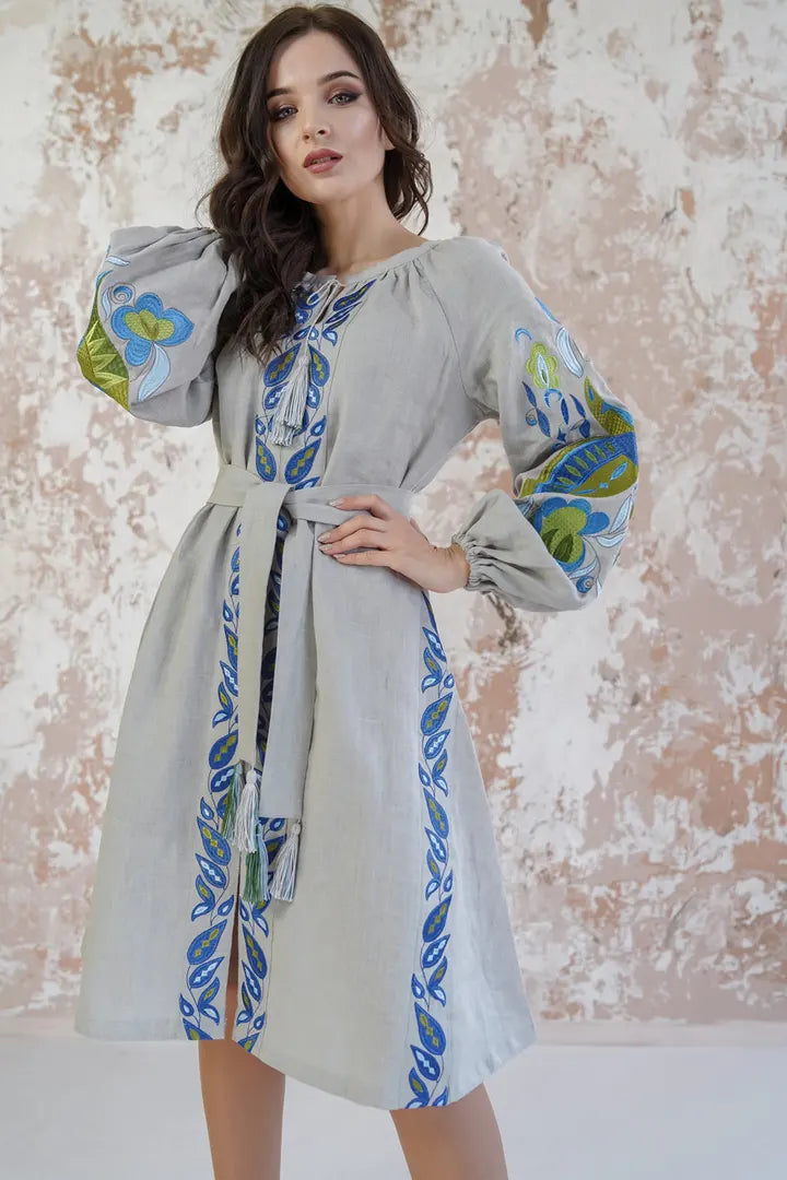Linen Embroidered Midi Dress “Ptakha” – Grey