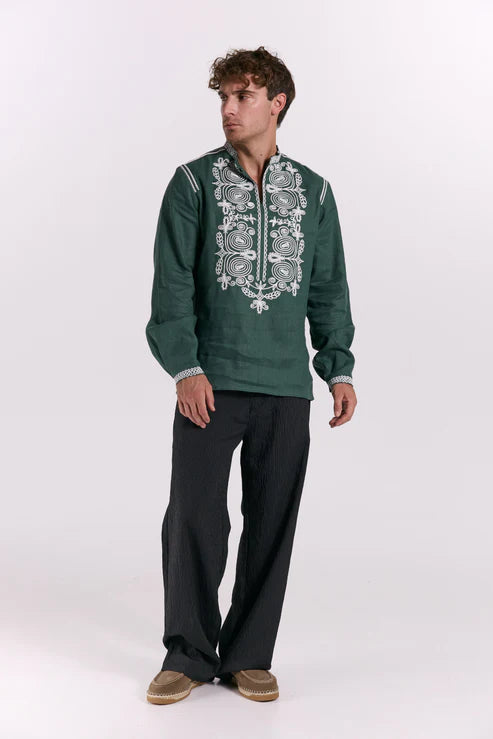 Men’s Embroidered Shirt "Otaman" – Emerald Ukrainian Vyshyvanka