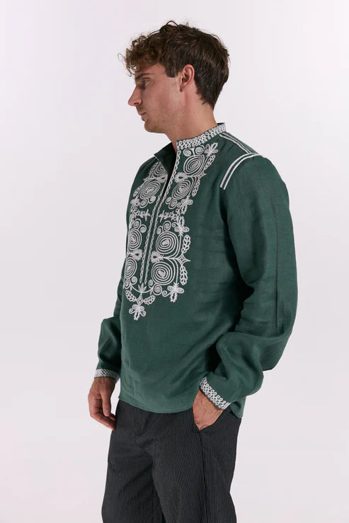 Men’s Embroidered Shirt "Otaman" – Emerald Ukrainian Vyshyvanka