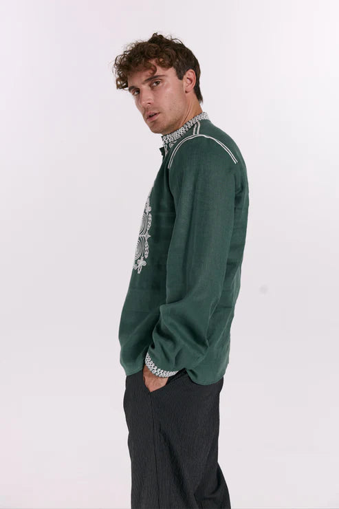 Men’s Embroidered Shirt "Otaman" – Emerald Ukrainian Vyshyvanka