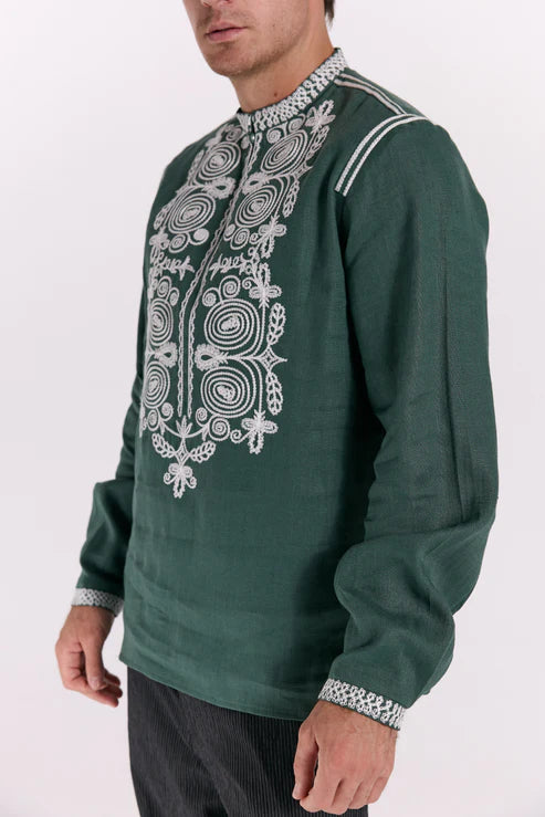Men’s Embroidered Shirt "Otaman" – Emerald Ukrainian Vyshyvanka