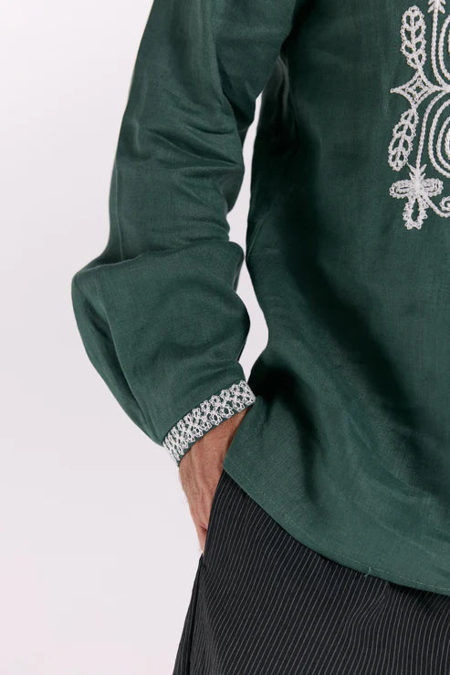 Men’s Embroidered Shirt "Otaman" – Emerald Ukrainian Vyshyvanka