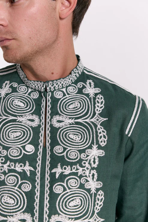 Men’s Embroidered Shirt "Otaman" – Emerald Ukrainian Vyshyvanka