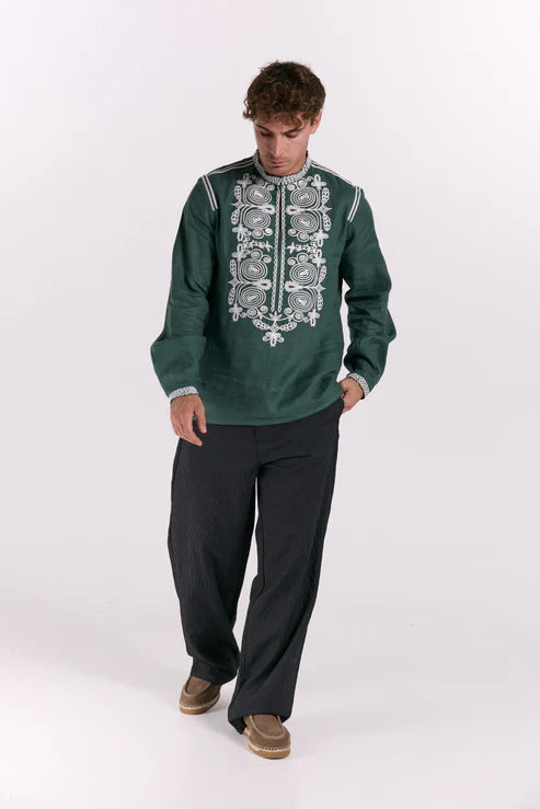 Men’s Embroidered Shirt "Otaman" – Emerald Ukrainian Vyshyvanka
