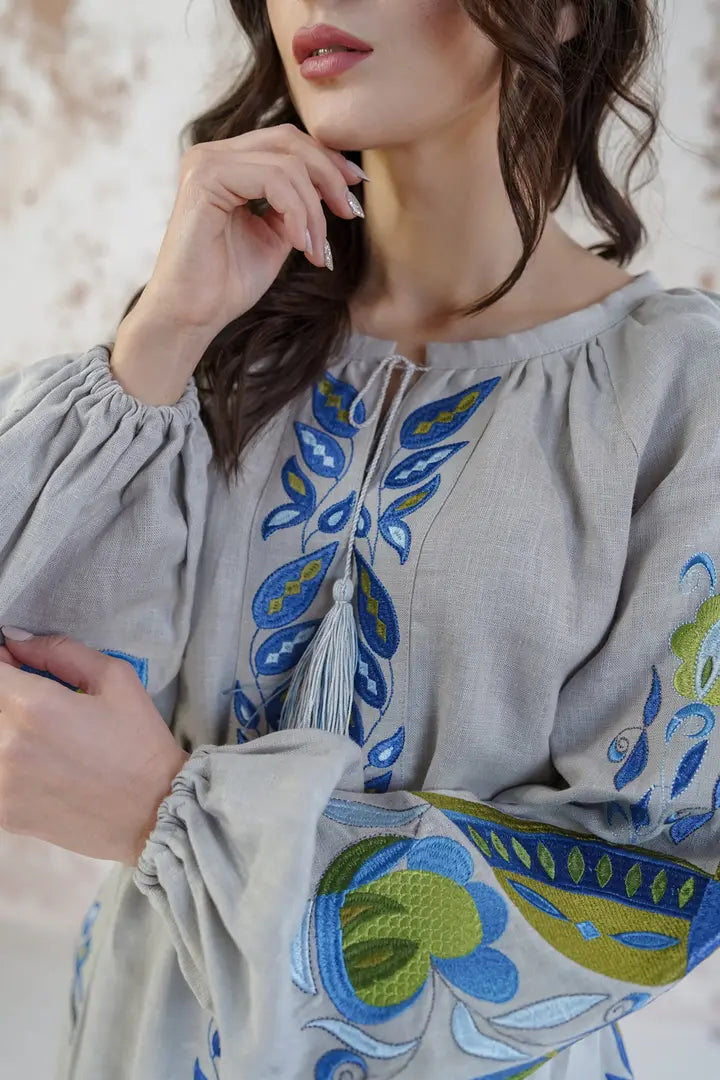 Linen Embroidered Midi Dress “Ptakha” – Grey