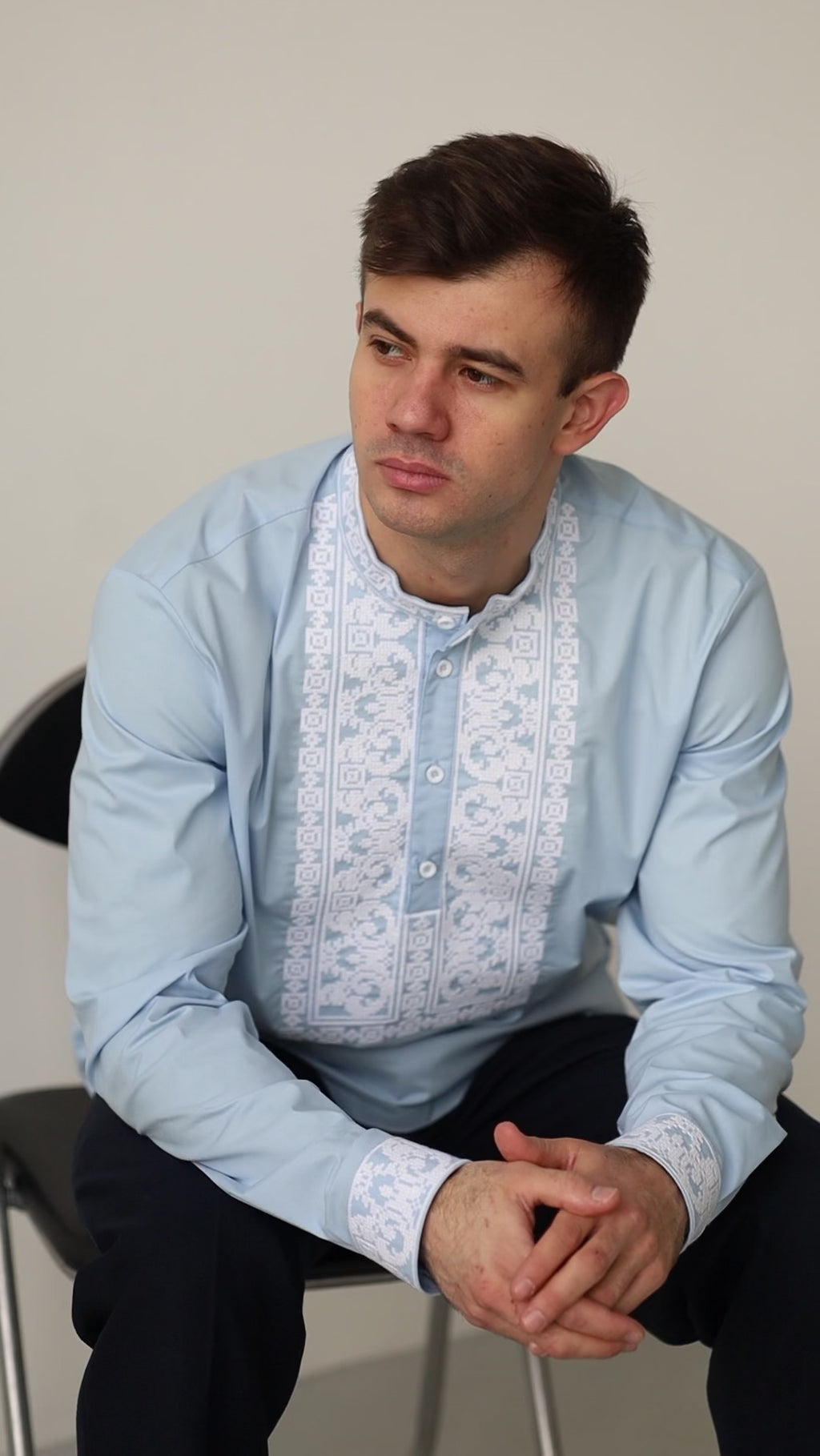 Men’s Light Blue Vyshyvanka with White Embroidery
