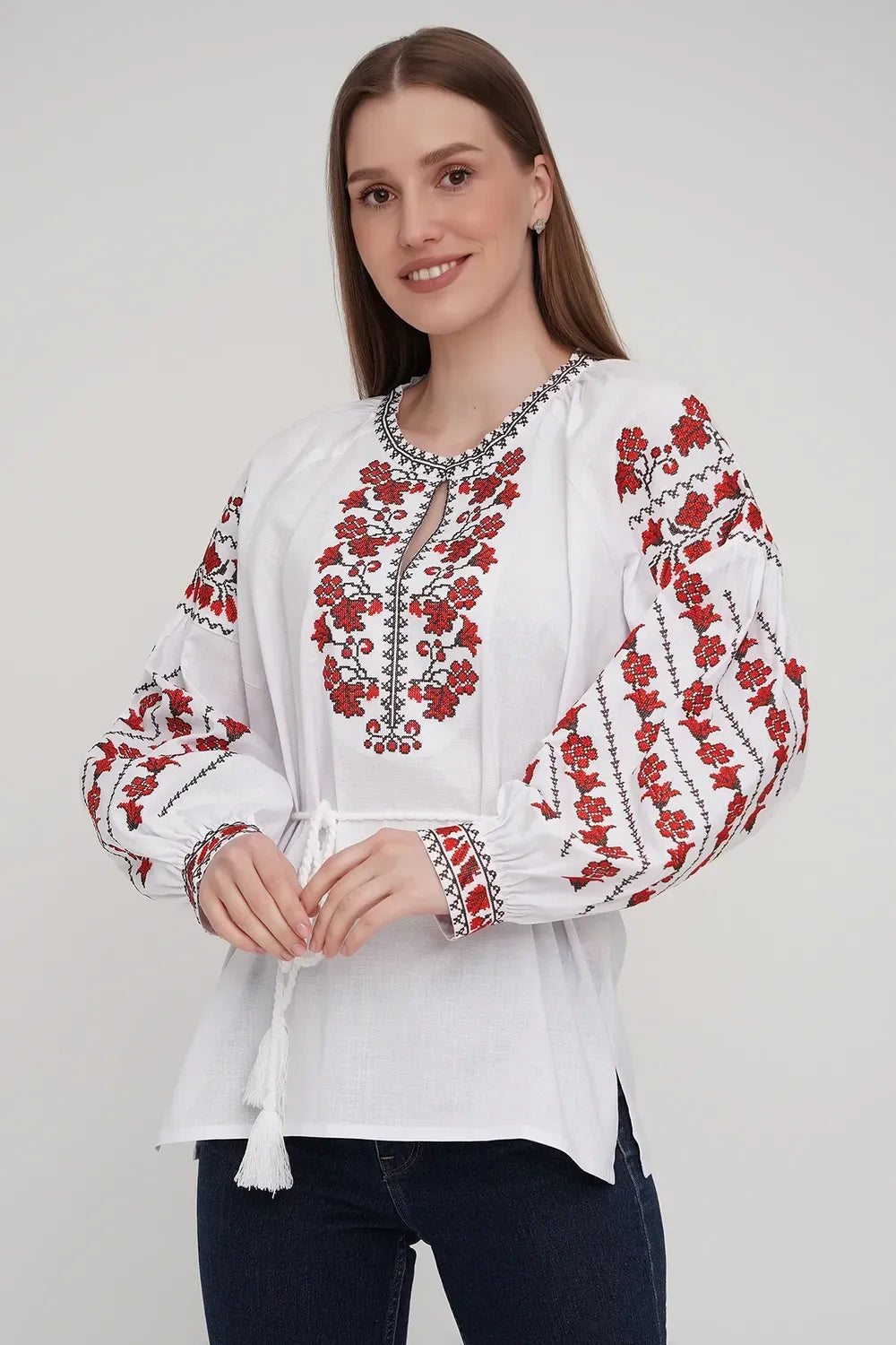 Women’s White Ukrainian Vyshyvanka with Red Cross-Stitch