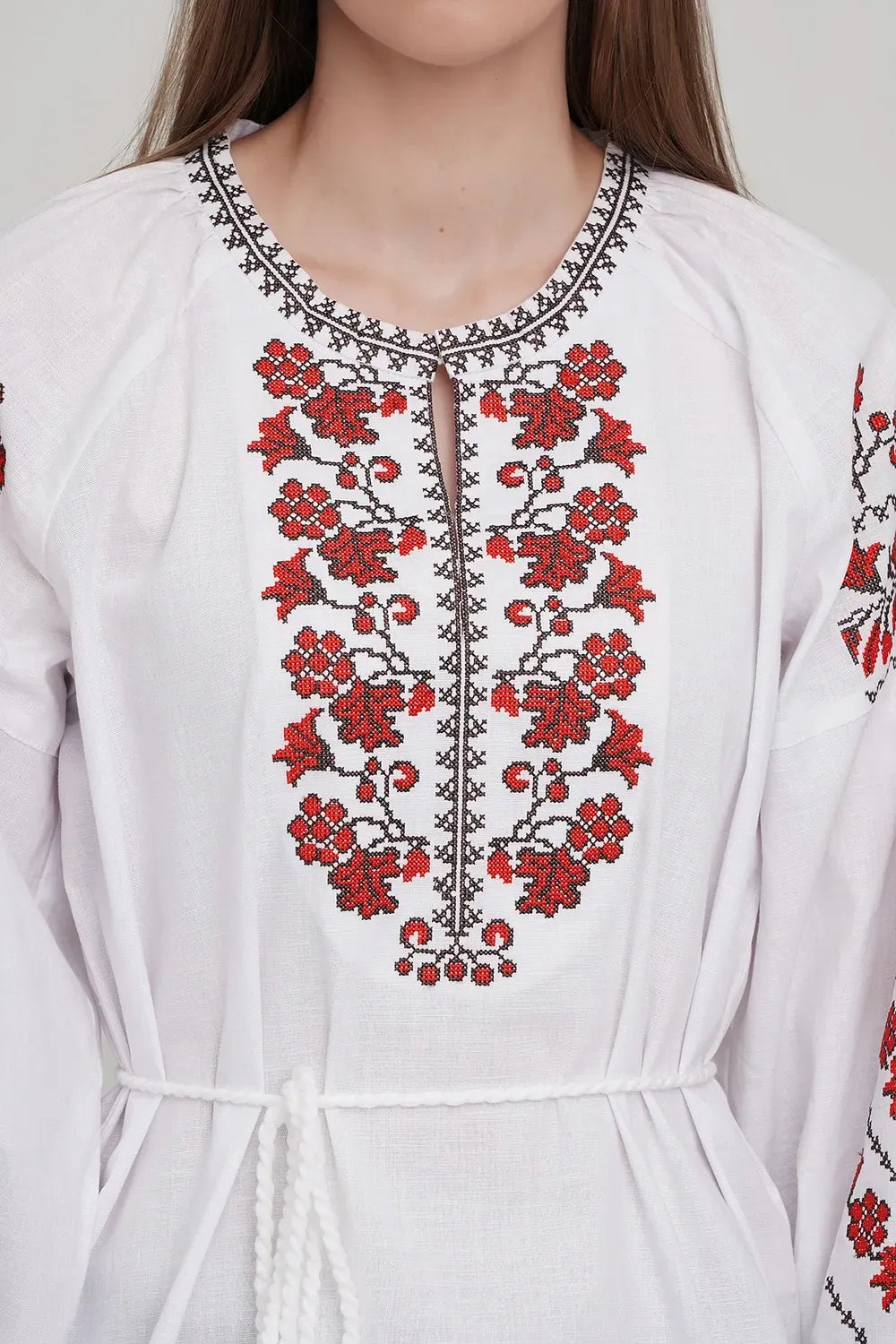 Women’s White Ukrainian Vyshyvanka with Red Cross-Stitch
