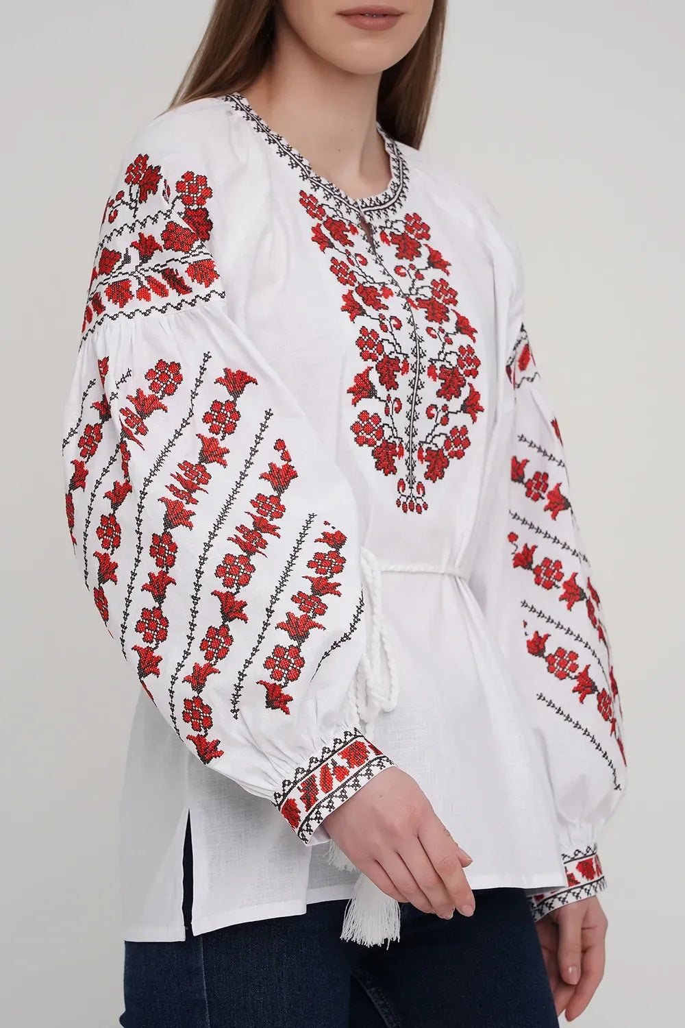 Women’s White Ukrainian Vyshyvanka with Red Cross-Stitch