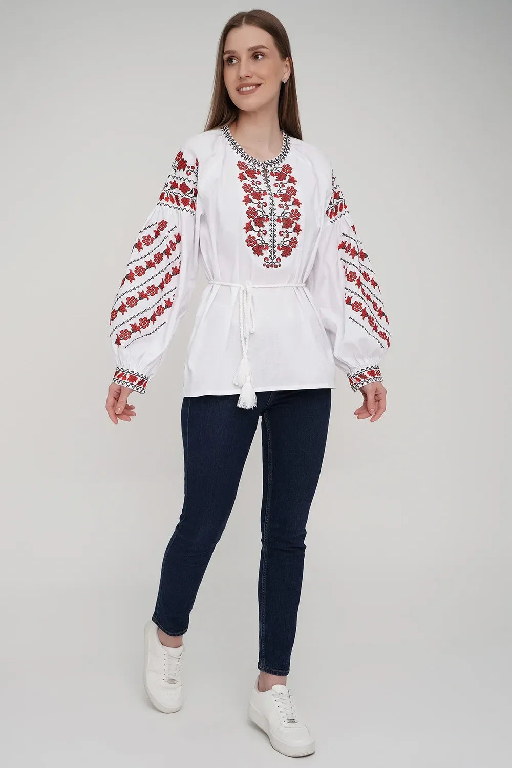 Women’s White Ukrainian Vyshyvanka with Red Cross-Stitch