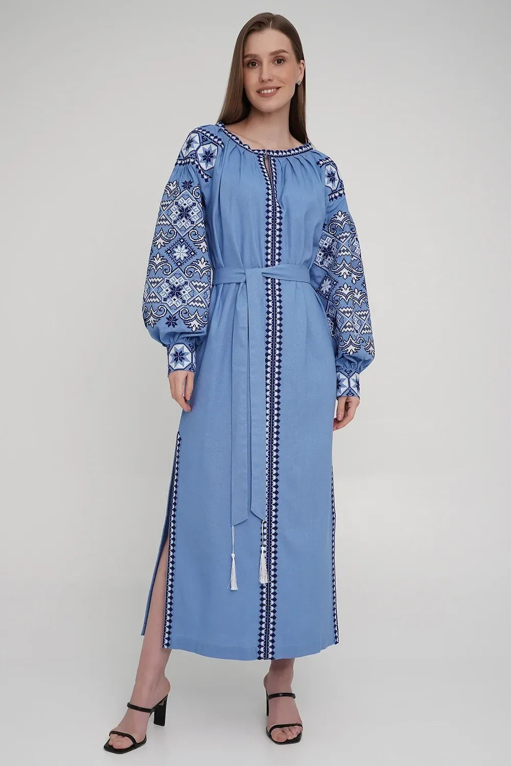 Women’s Blue Embroidered Dress with White & Navy Cross-Stitch  – Linen Blend
