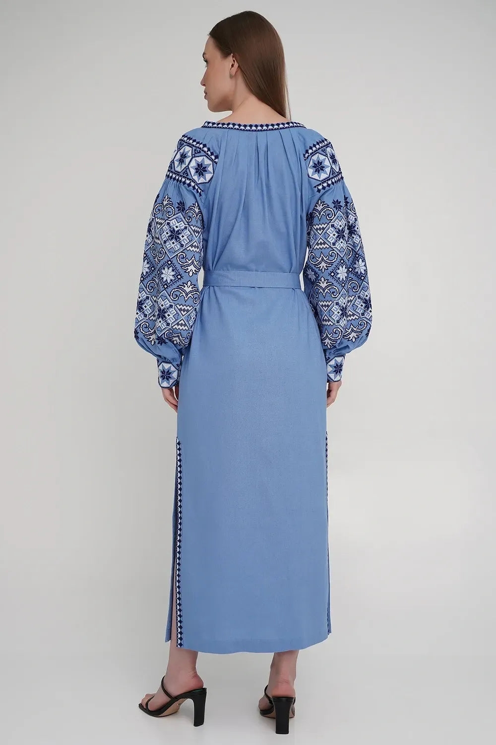 Women’s Blue Embroidered Dress with White & Navy Cross-Stitch  – Linen Blend