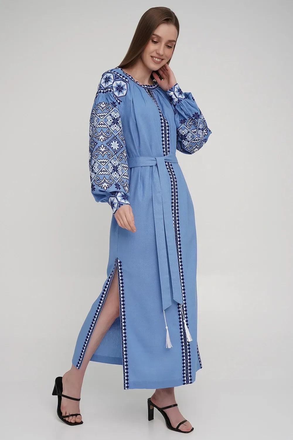 Women’s Blue Embroidered Dress with White & Navy Cross-Stitch  – Linen Blend