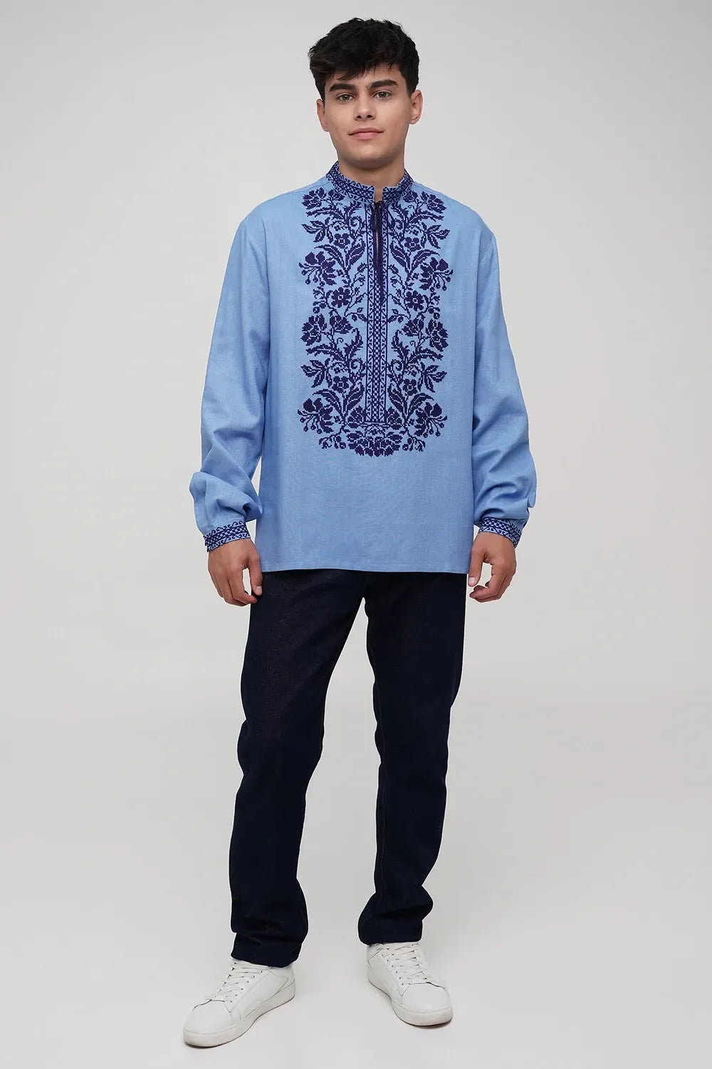 Men’s Embroidered Shirt "Svytanok" – Blue Ukrainian Vyshyvanka with Navy Blue Cross Stitch