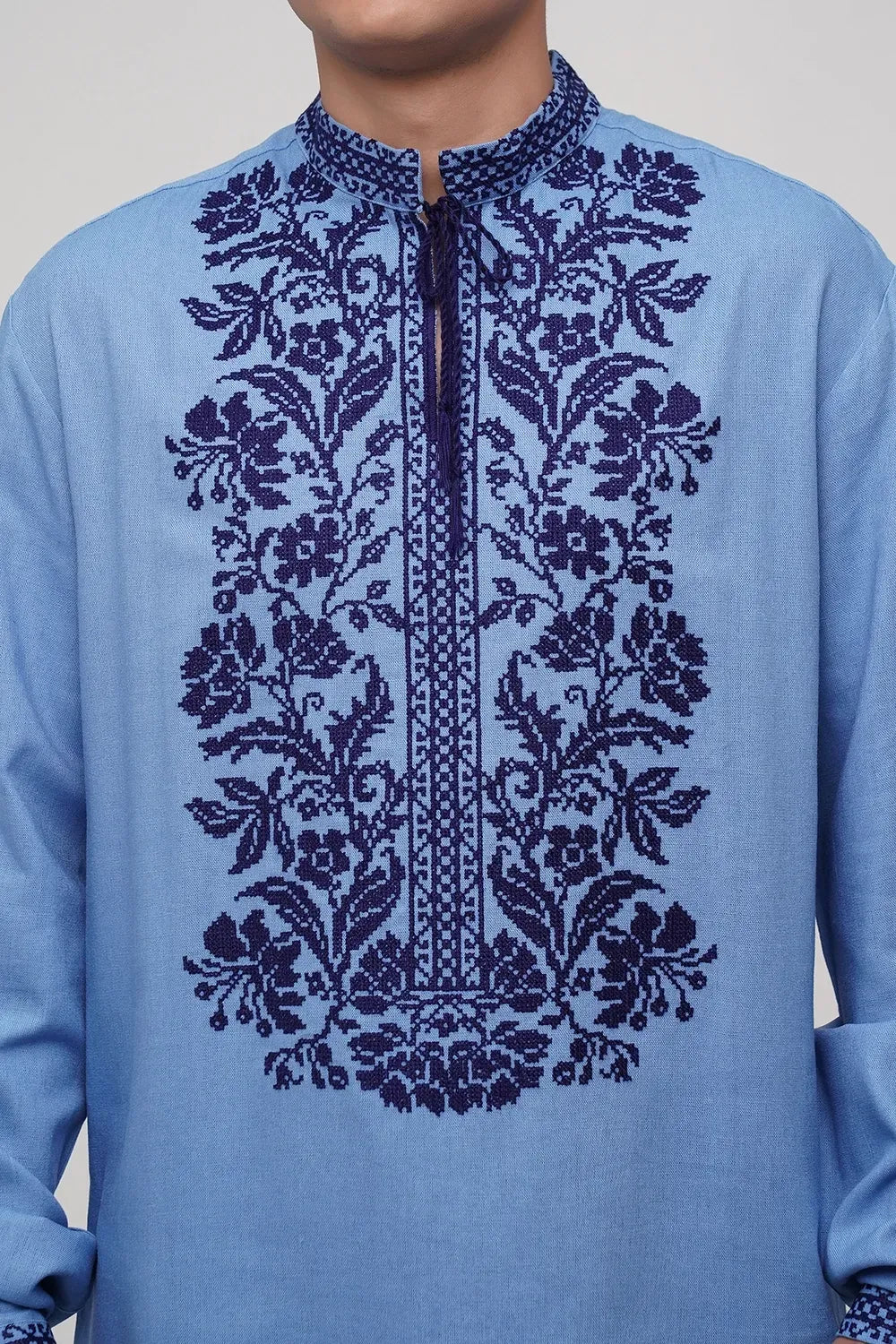 Men’s Embroidered Shirt "Svytanok" – Blue Ukrainian Vyshyvanka with Navy Blue Cross Stitch