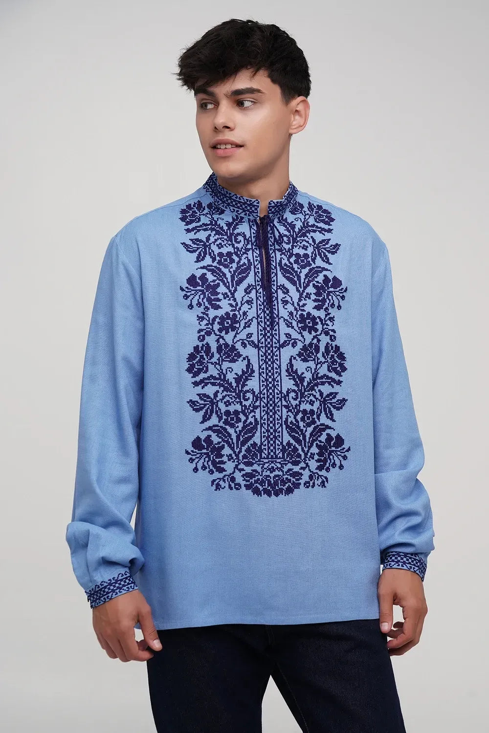 Men’s Embroidered Shirt "Svytanok" – Blue Ukrainian Vyshyvanka with Navy Blue Cross Stitch
