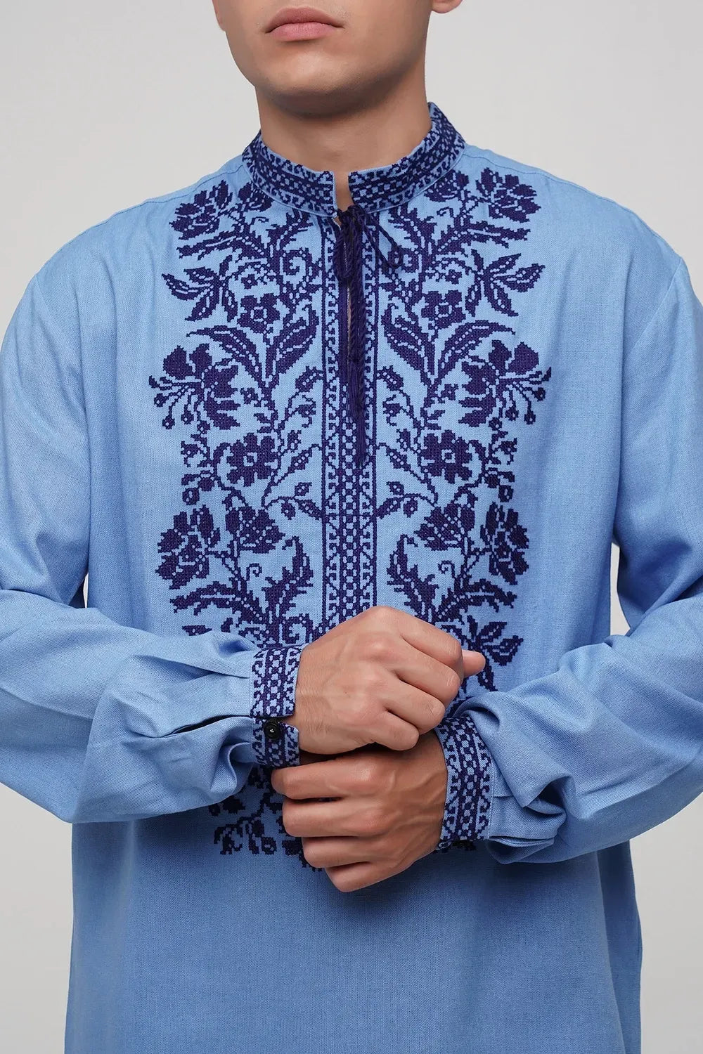 Men’s Embroidered Shirt "Svytanok" – Blue Ukrainian Vyshyvanka with Navy Blue Cross Stitch