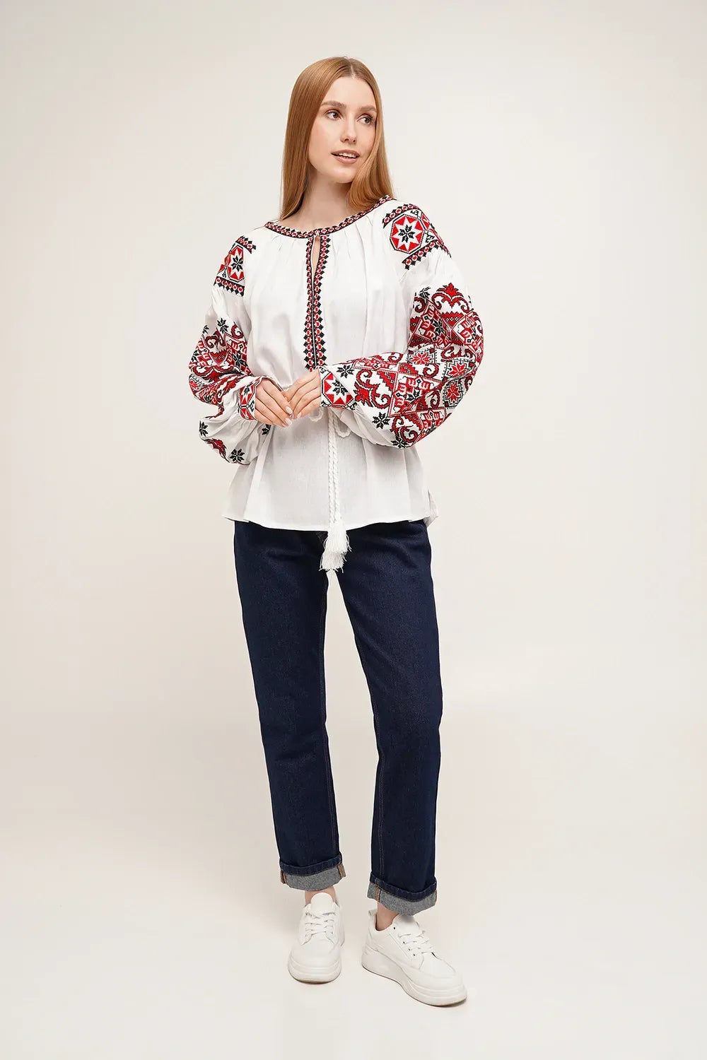 Women’s Embroidered Blouse – White Ukrainian Vyshyvanka with Red Cross-Stitch