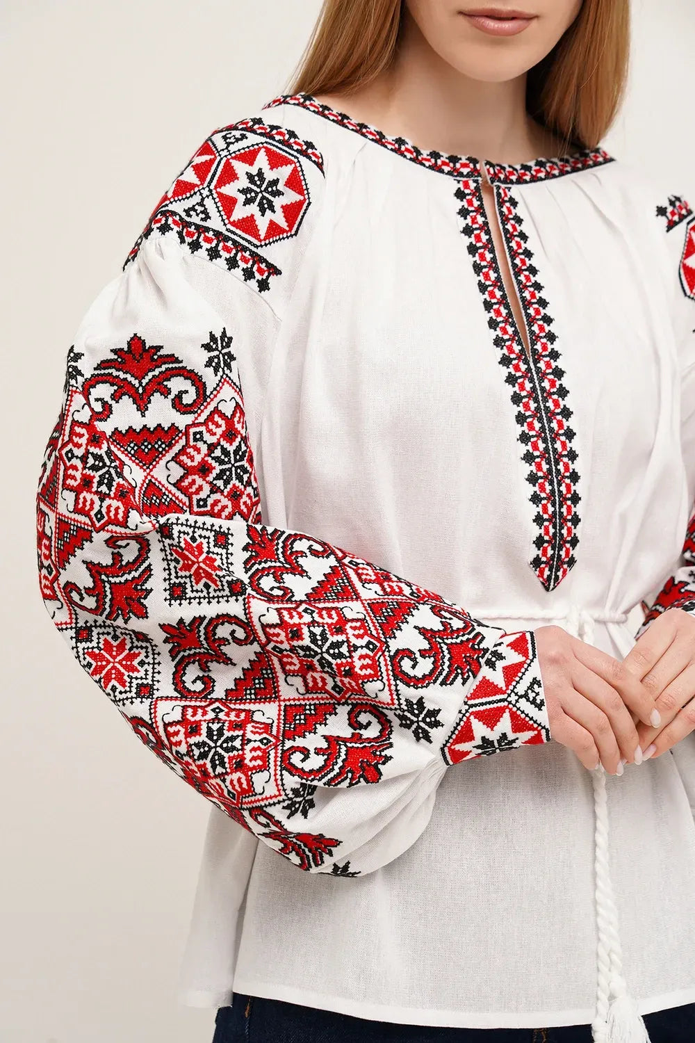 Women’s Embroidered Blouse – White Ukrainian Vyshyvanka with Red Cross-Stitch
