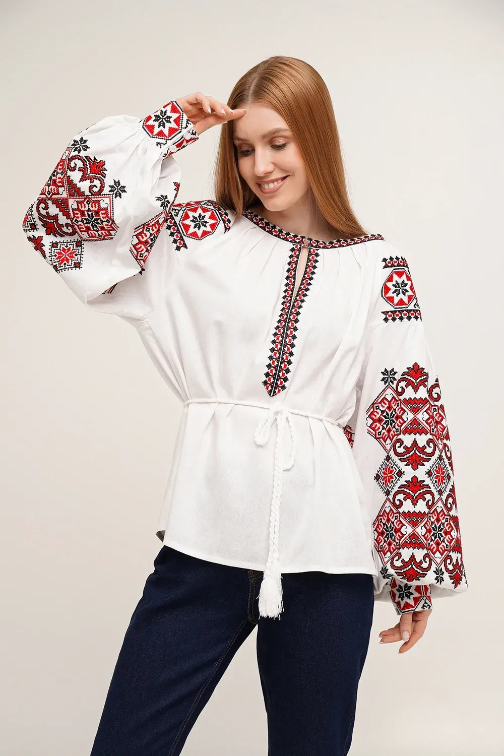 Women’s Embroidered Blouse – White Ukrainian Vyshyvanka with Red Cross-Stitch