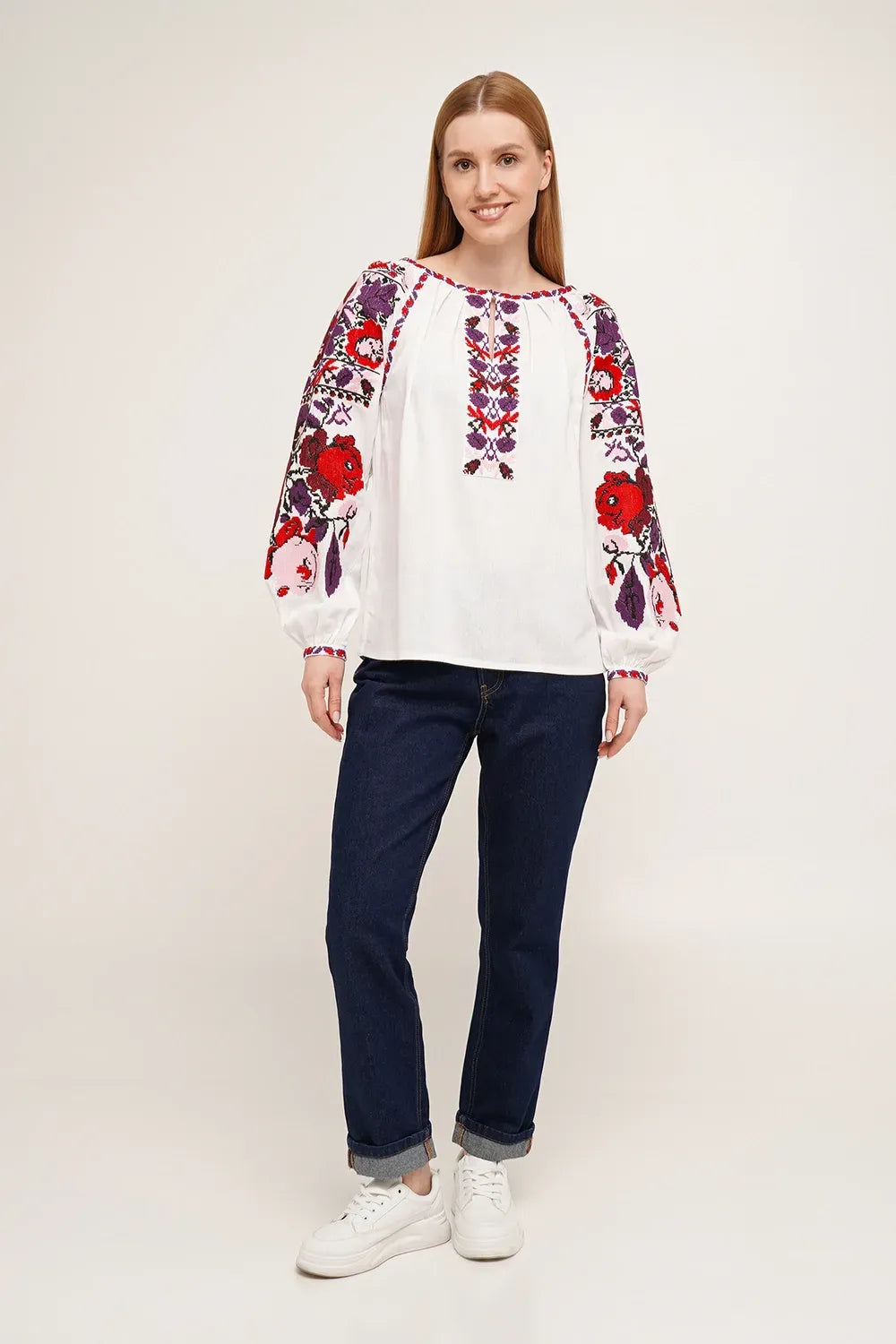 Women’s White Linen Vyshyvanka “Rose Garden”