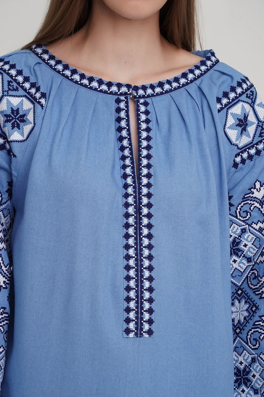 Women’s Embroidered Blouse – Blue Ukrainian Vyshyvanka with White Cross-Stitch
