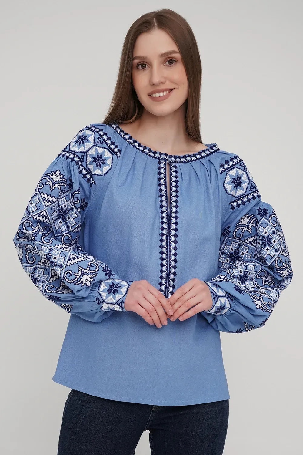 Women’s Embroidered Blouse – Blue Ukrainian Vyshyvanka with White Cross-Stitch