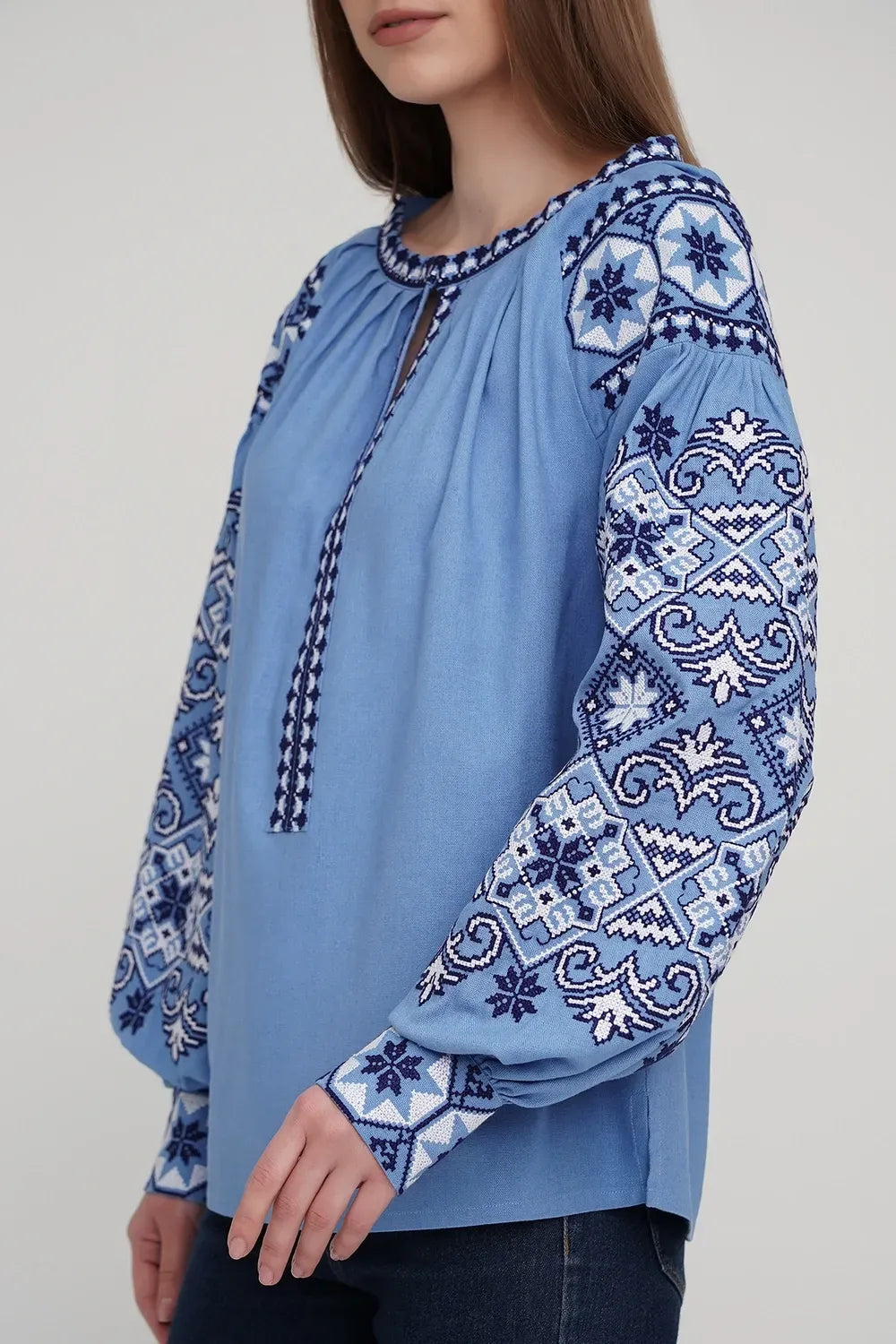 Women’s Embroidered Blouse – Blue Ukrainian Vyshyvanka with White Cross-Stitch