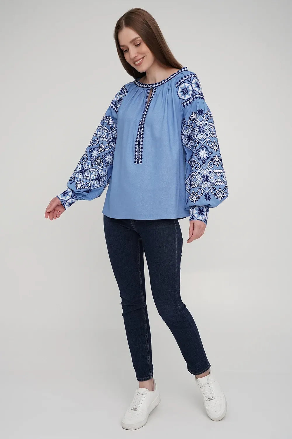 Women’s Embroidered Blouse – Blue Ukrainian Vyshyvanka with White Cross-Stitch