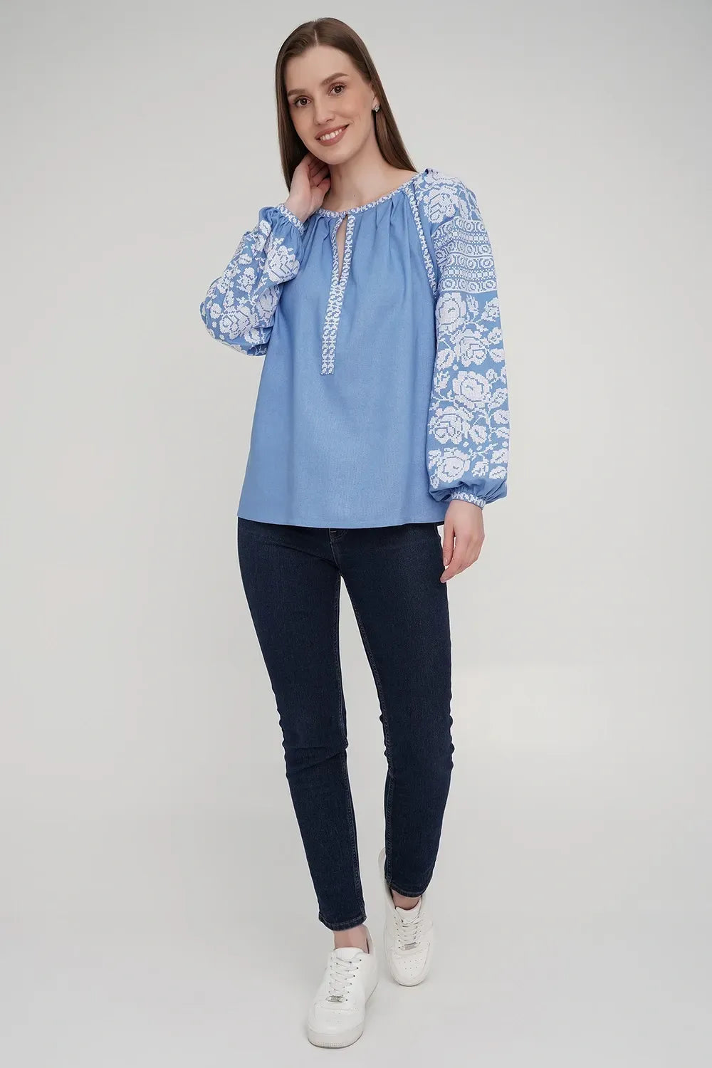 Women’s Blue Blouse with White Floral Embroidery
