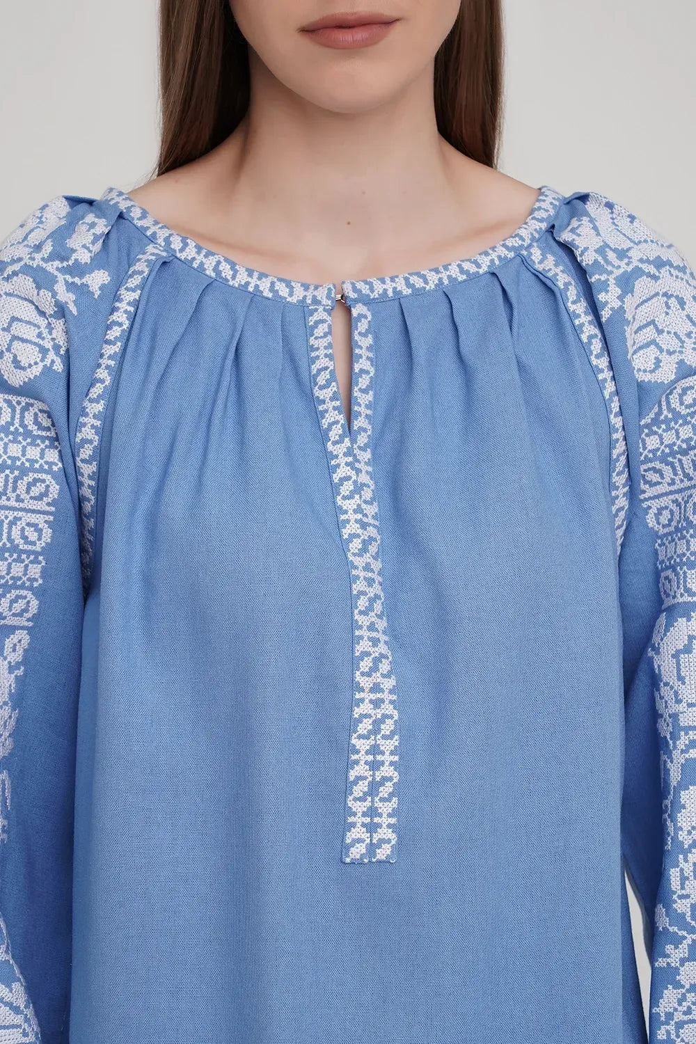 Women’s Blue Blouse with White Floral Embroidery