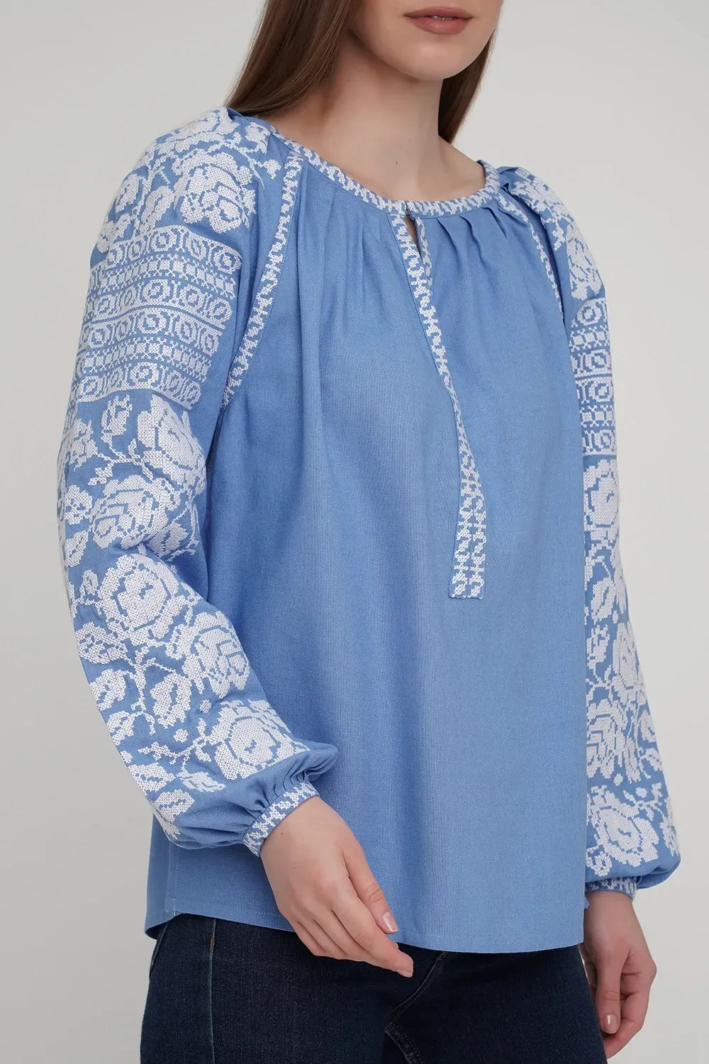 Women’s Blue Blouse with White Floral Embroidery