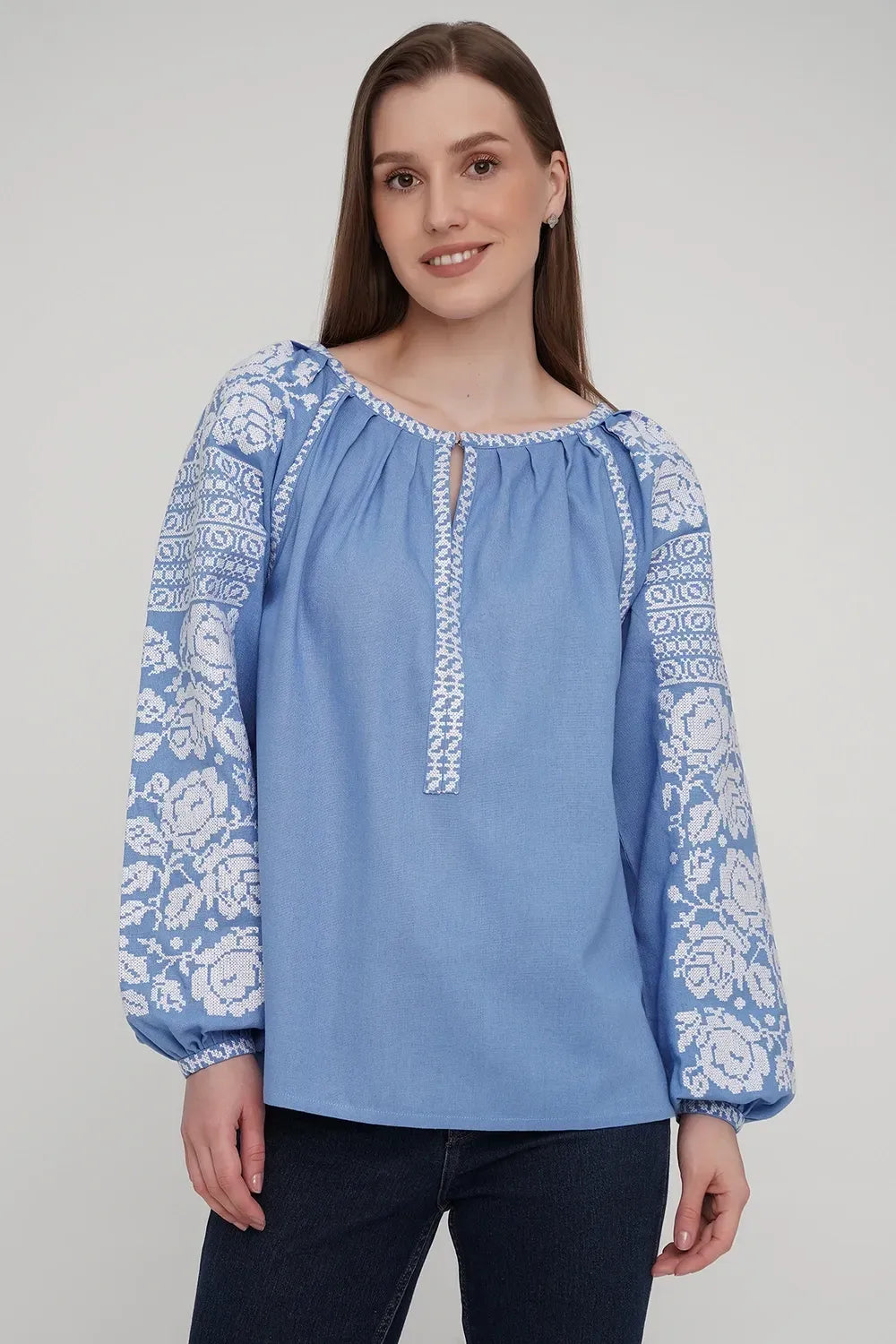 Women’s Blue Blouse with White Floral Embroidery